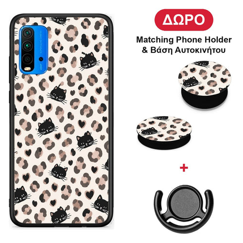 Leopard Spots and Black Cats on Cream - Xiaomi Poco M3 θήκη + Δώρο Phone Holder & Βάση Αυτοκινήτου