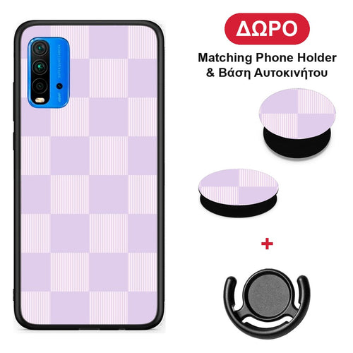 Lilac and Cream Striped Checks - Xiaomi Poco M3 θήκη + Δώρο Phone Holder & Βάση Αυτοκινήτου