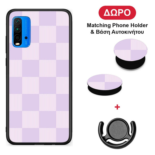 Lilac and Cream Striped Checks - Xiaomi Poco M3 θήκη + Δώρο Phone Holder & Βάση Αυτοκινήτου