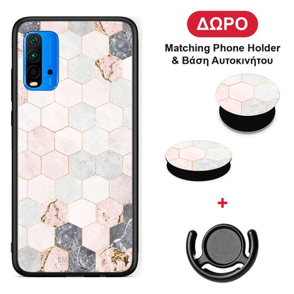 Marble Hexagon Pink - Xiaomi Poco M3 θήκη + Δώρο Phone Holder & Βάση Αυτοκινήτου