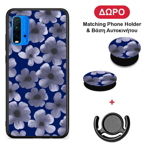 Pale Blue Flowers on Navy - Xiaomi Poco M3 θήκη + Δώρο Phone Holder & Βάση Αυτοκινήτου