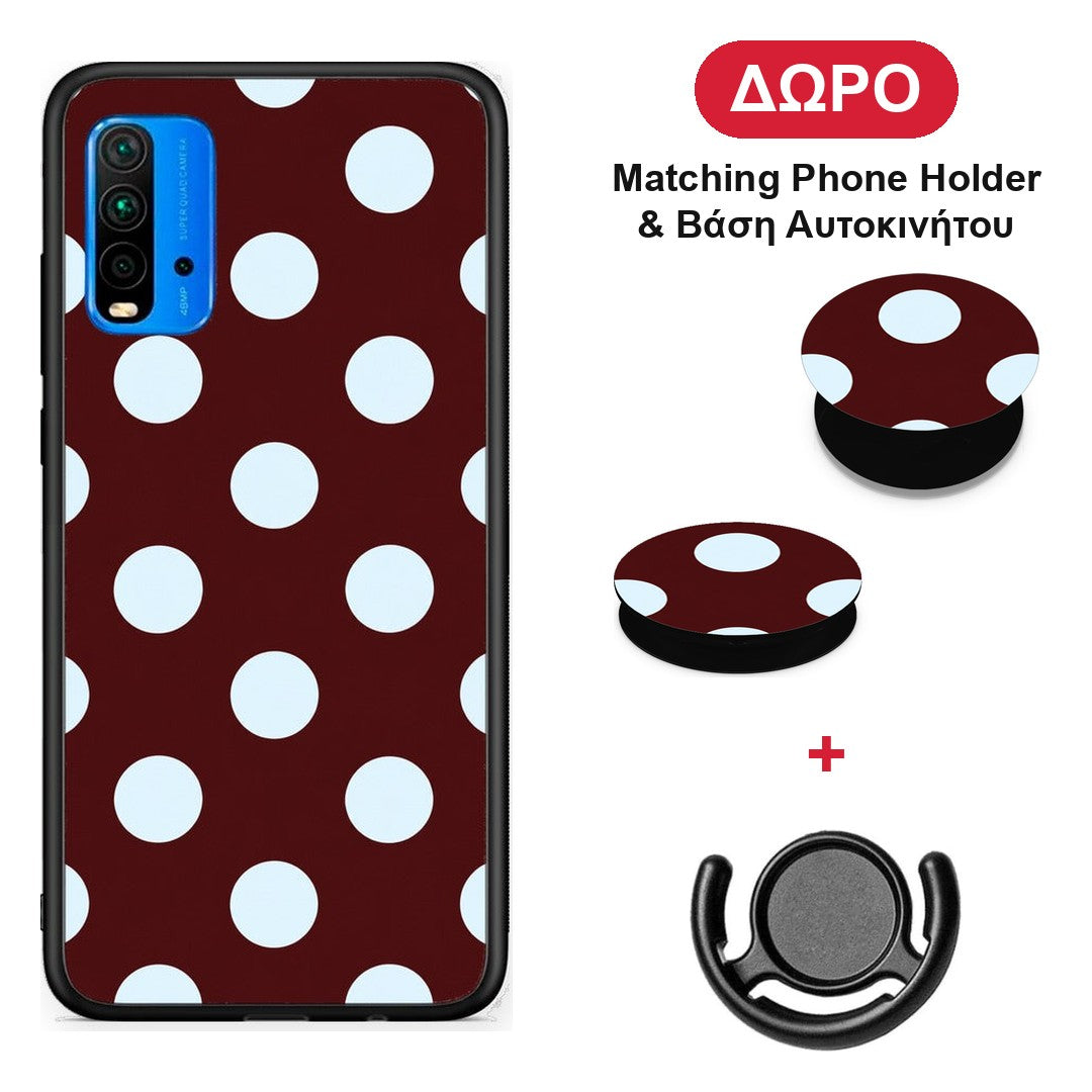 Pale Blue Large Polka Dots on Burgundy - Xiaomi Poco M3 θήκη + Δώρο Phone Holder & Βάση Αυτοκινήτου