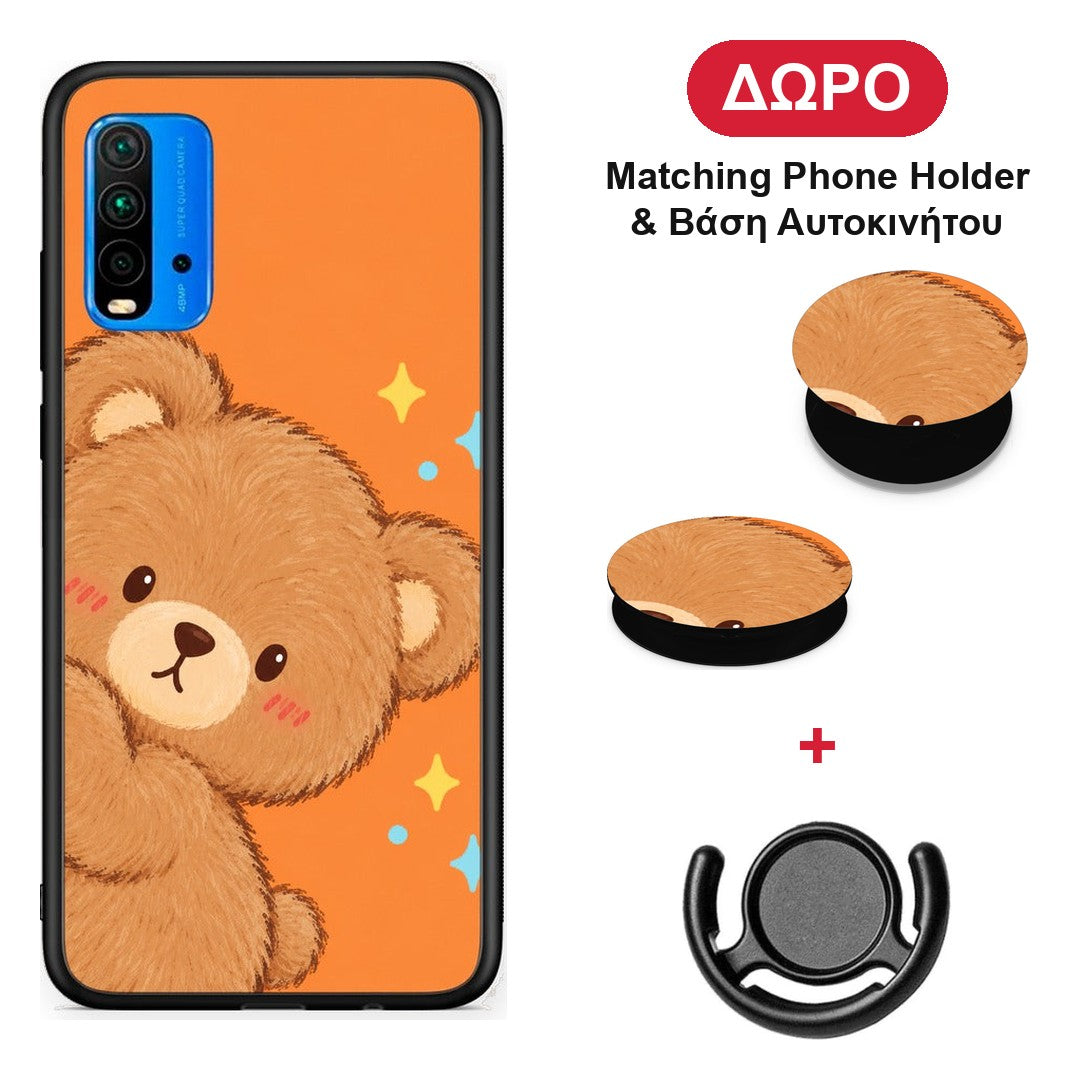 Peekaboo Teddy on Orange - Xiaomi Poco M3 θήκη + Δώρο Phone Holder & Βάση Αυτοκινήτου