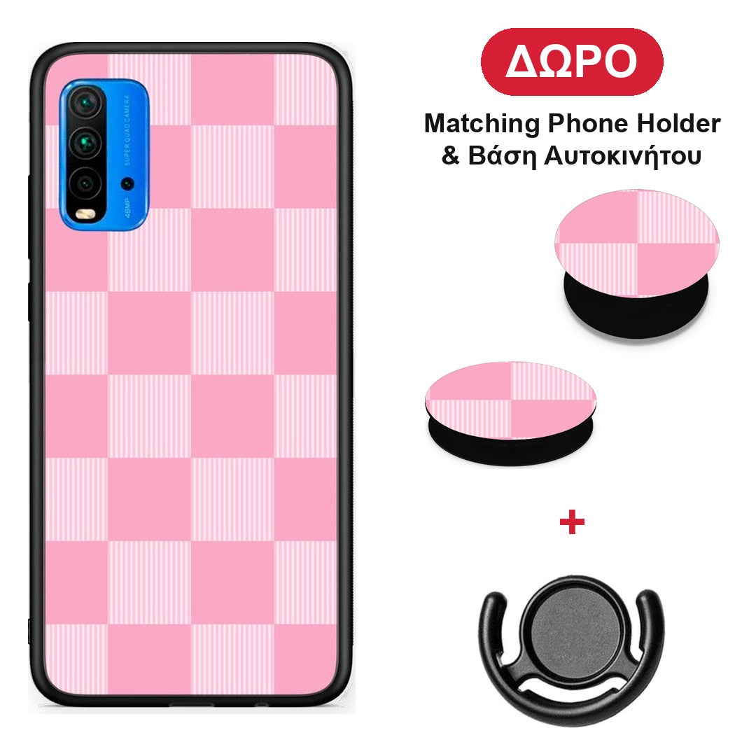 Pink and White Striped Checks - Xiaomi Poco M3 θήκη + Δώρο Phone Holder & Βάση Αυτοκινήτου