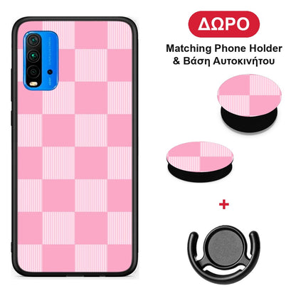 Pink and White Striped Checks - Xiaomi Poco M3 θήκη + Δώρο Phone Holder & Βάση Αυτοκινήτου
