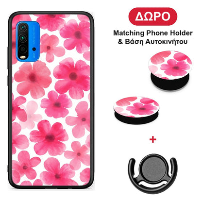 Pink Watercolour Flowers on White - Xiaomi Poco M3 θήκη + Δώρο Phone Holder & Βάση Αυτοκινήτου
