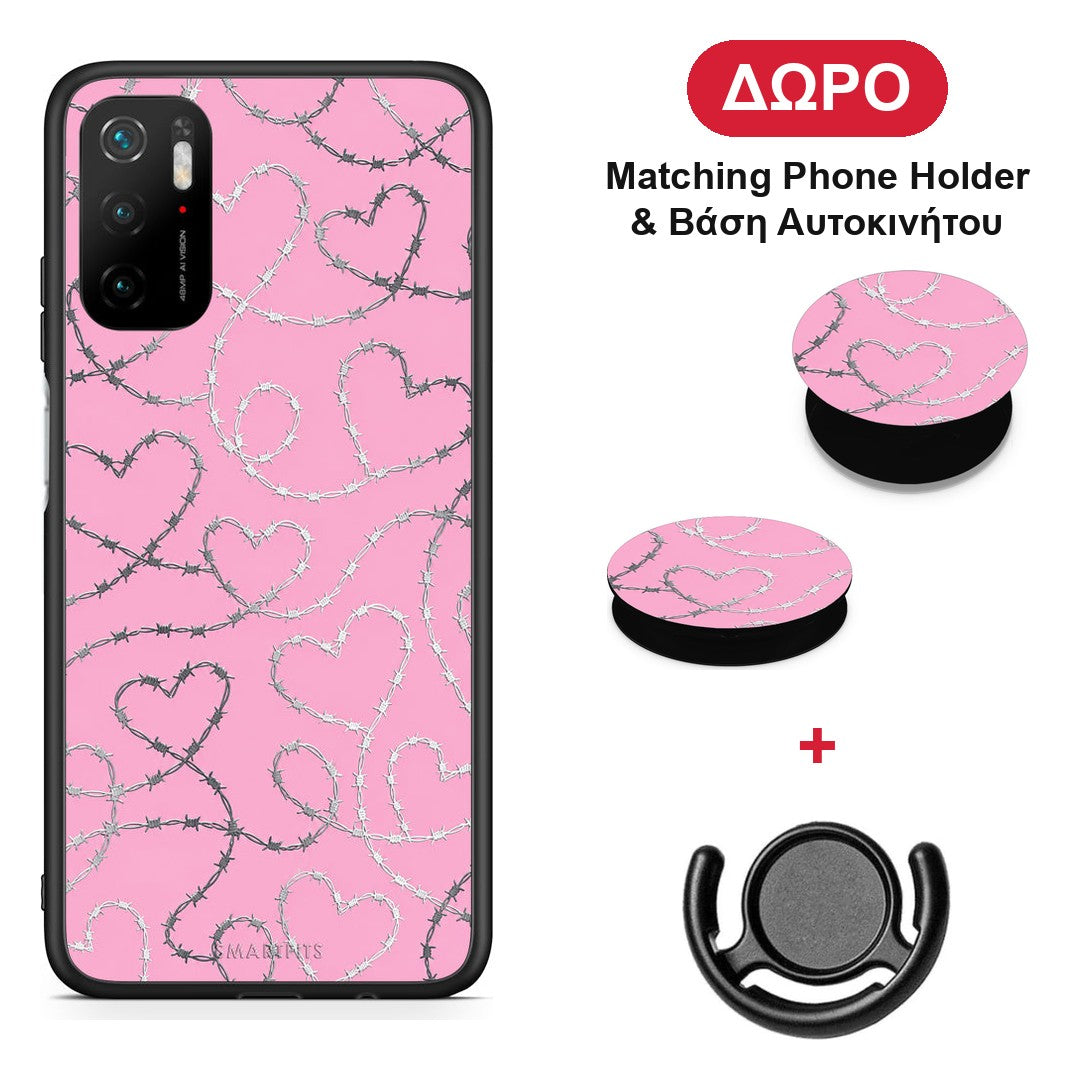 Barbed Wire Hearts on Pink - Xiaomi Poco M3 Pro θήκη + Δώρο Phone Holder & Βάση Αυτοκινήτου