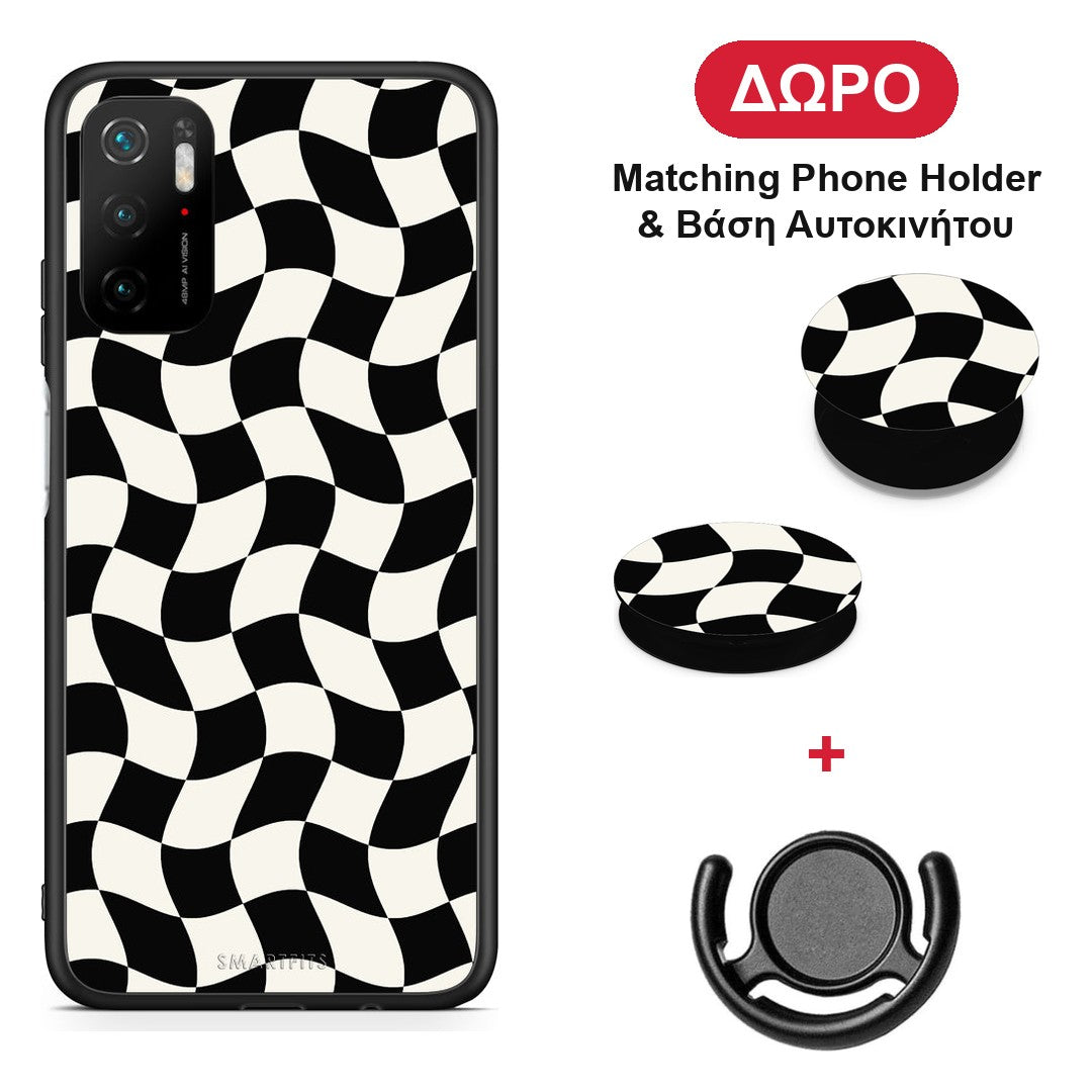 Black and Cream Wavy Checkerboard - Xiaomi Poco M3 Pro θήκη + Δώρο Phone Holder & Βάση Αυτοκινήτου