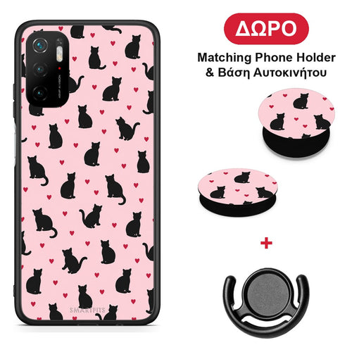 Black Cat Silhouettes and Hearts on Pink - Xiaomi Poco M3 Pro θήκη + Δώρο Phone Holder & Βάση Αυτοκινήτου