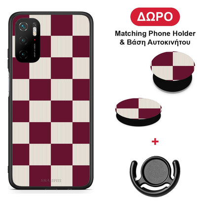 Burgundy and Cream Striped Checks - Xiaomi Poco M3 Pro θήκη + Δώρο Phone Holder & Βάση Αυτοκινήτου
