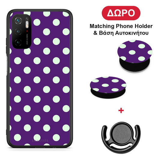 Mint Polka Dots on Purple - Xiaomi Poco M3 Pro θήκη + Δώρο Phone Holder & Βάση Αυτοκινήτου