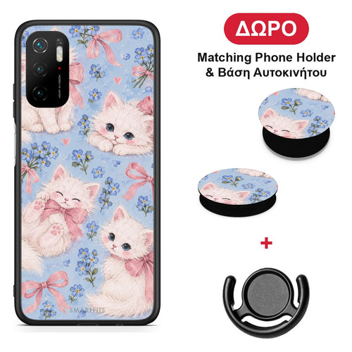 White Kittens and Blue Flowers Large - Xiaomi Poco M3 Pro θήκη + Δώρο Phone Holder & Βάση Αυτοκινήτου