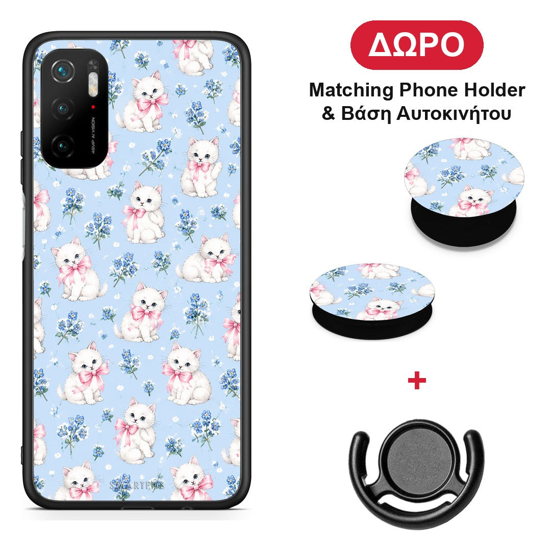 White Kittens and Blue Flowers Small - Xiaomi Poco M3 Pro θήκη + Δώρο Phone Holder & Βάση Αυτοκινήτου