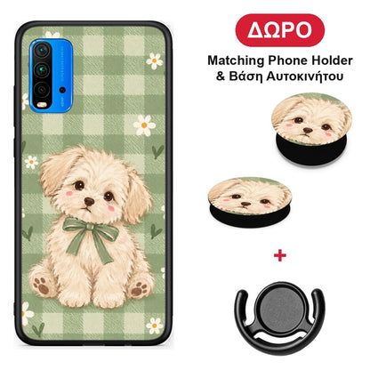 Puppy and Daisies on Sage Gingham - Xiaomi Poco M3 θήκη + Δώρο Phone Holder & Βάση Αυτοκινήτου