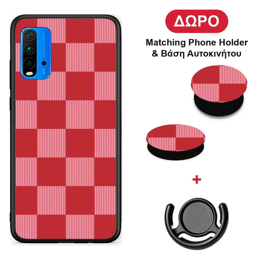 Red and Pink Striped Checks - Xiaomi Poco M3 θήκη + Δώρο Phone Holder & Βάση Αυτοκινήτου