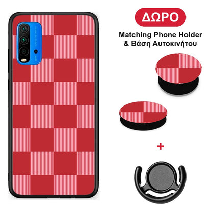 Red and Pink Striped Checks - Xiaomi Poco M3 θήκη + Δώρο Phone Holder & Βάση Αυτοκινήτου