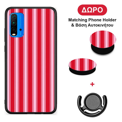 Red and Pink Vertical Pinstripes - Xiaomi Poco M3 θήκη + Δώρο Phone Holder & Βάση Αυτοκινήτου