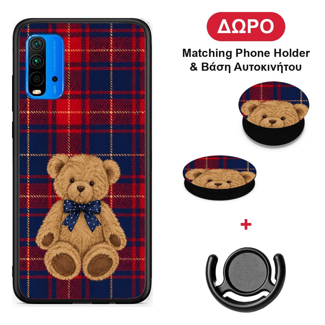 Teddy Bear on Red and Navy Tartan - Xiaomi Poco M3 θήκη + Δώρο Phone Holder & Βάση Αυτοκινήτου