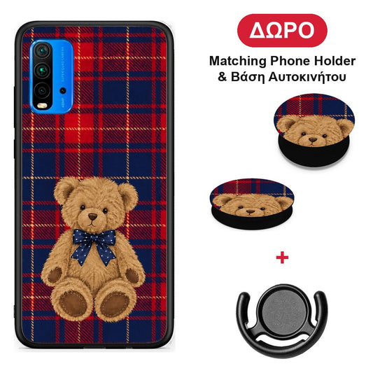 Teddy Bear on Red and Navy Tartan - Xiaomi Poco M3 θήκη + Δώρο Phone Holder & Βάση Αυτοκινήτου