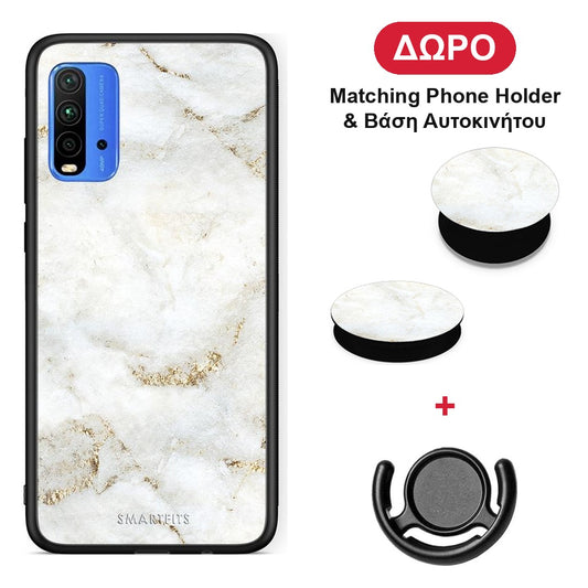 White Gold Marble - Xiaomi Poco M3 θήκη + Δώρο Phone Holder & Βάση Αυτοκινήτου