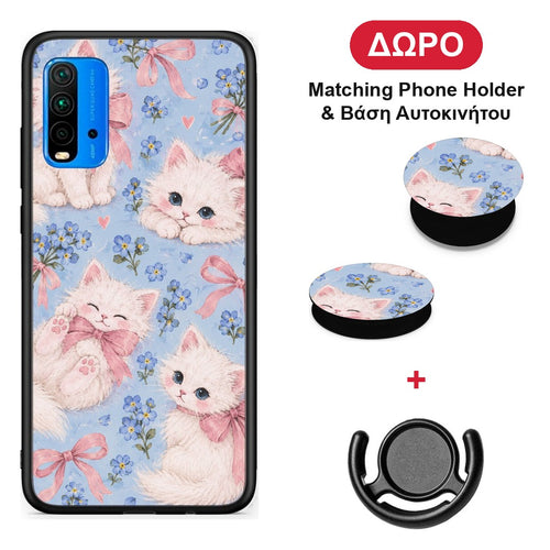 White Kittens and Blue Flowers Large - Xiaomi Poco M3 θήκη + Δώρο Phone Holder & Βάση Αυτοκινήτου