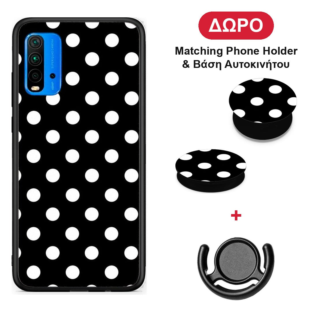 White Polka Dots on Black - Xiaomi Poco M3 θήκη + Δώρο Phone Holder & Βάση Αυτοκινήτου