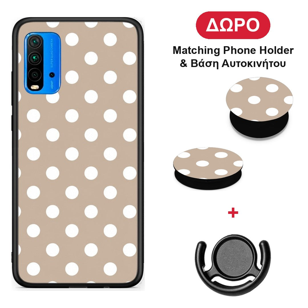 White Polka Dots on Taupe - Xiaomi Poco M3 θήκη + Δώρο Phone Holder & Βάση Αυτοκινήτου