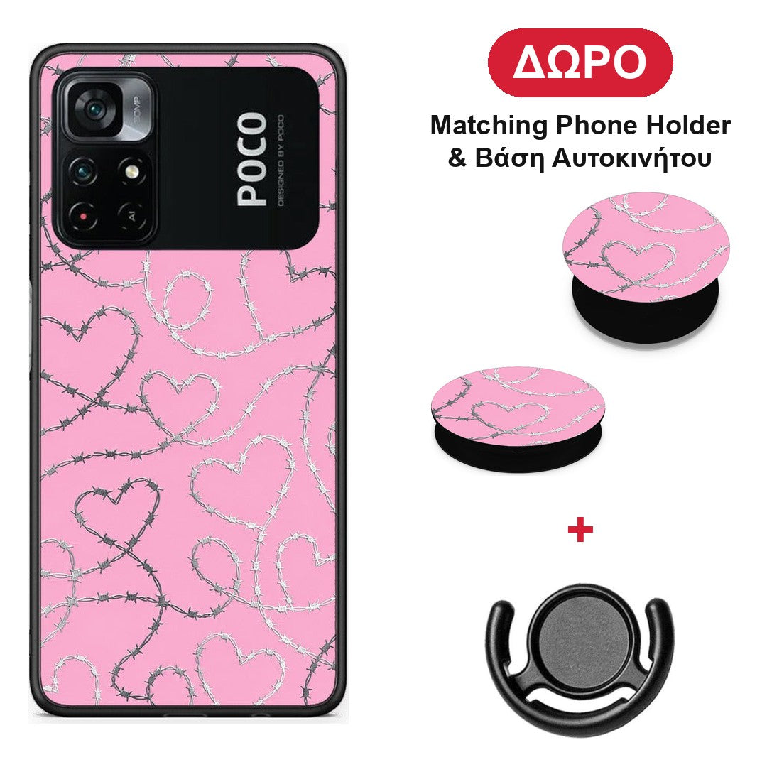 Barbed Wire Hearts on Pink - Xiaomi Poco M4 Pro 4G θήκη + Δώρο Phone Holder & Βάση Αυτοκινήτου