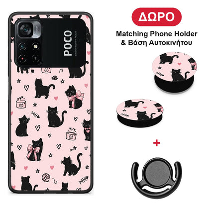 Black Cat Doodles on Pink - Xiaomi Poco M4 Pro 4G θήκη + Δώρο Phone Holder & Βάση Αυτοκινήτου