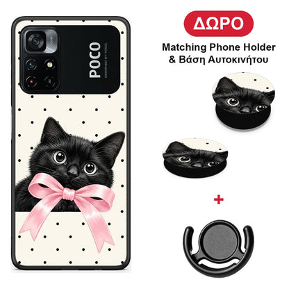 Black Kitten Pink Bow and Polka Dots - Xiaomi Poco M4 Pro 4G θήκη + Δώρο Phone Holder & Βάση Αυτοκινήτου