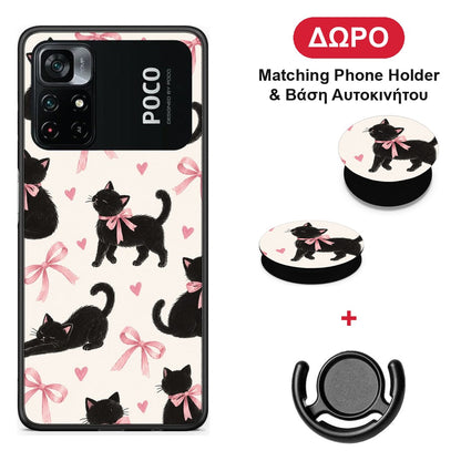 Black Kittens and Pink Bows on Cream Large - Xiaomi Poco M4 Pro 4G θήκη + Δώρο Phone Holder & Βάση Αυτοκινήτου