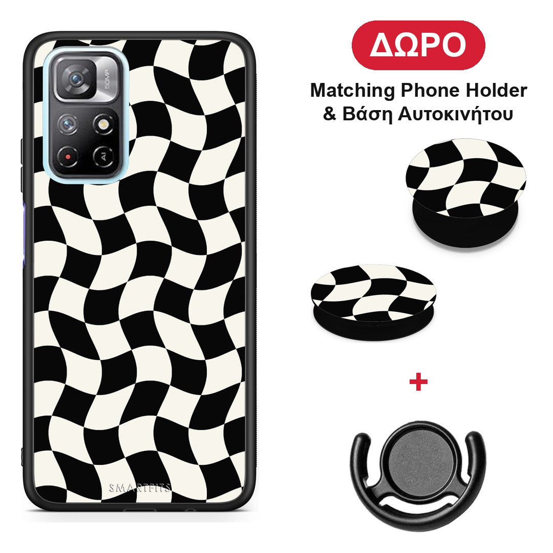 Black and Cream Wavy Checkerboard - Xiaomi Poco M4 Pro 5G θήκη + Δώρο Phone Holder & Βάση Αυτοκινήτου