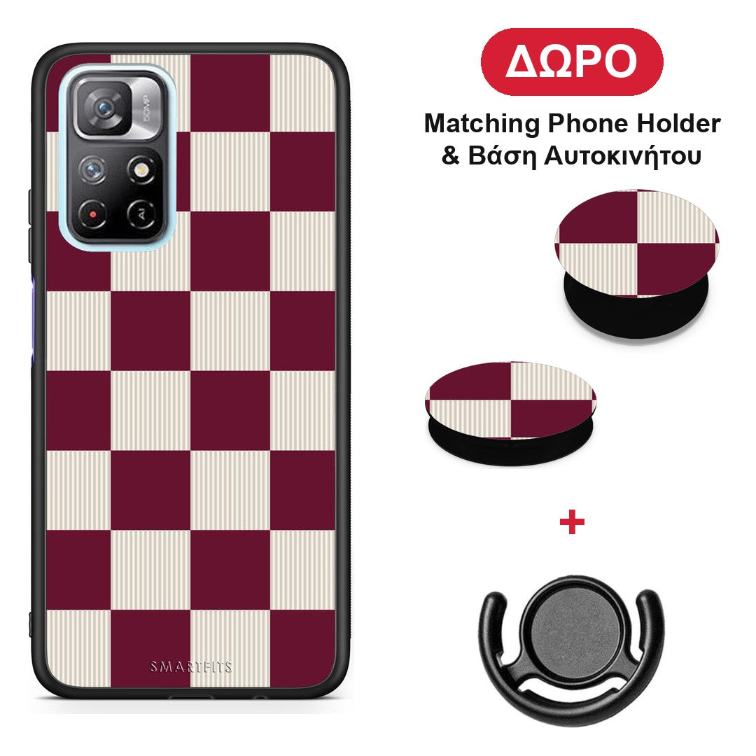 Burgundy and Cream Striped Checks - Xiaomi Poco M4 Pro 5G θήκη + Δώρο Phone Holder & Βάση Αυτοκινήτου