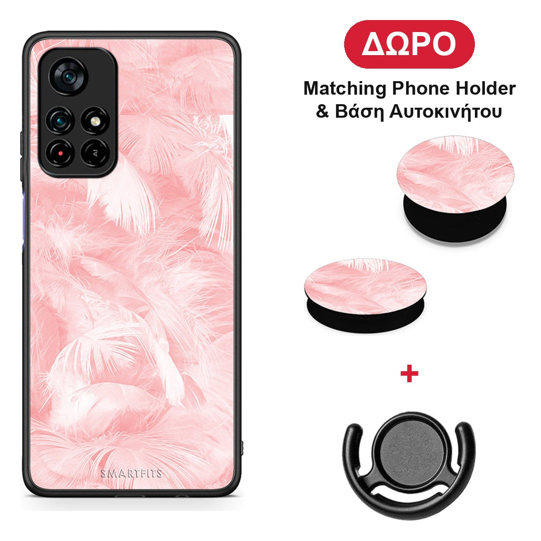 Boho Pink Feather - Xiaomi Poco M4 Pro 5G θήκη + Δώρο Phone Holder & Βάση Αυτοκινήτου