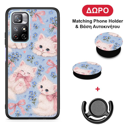 White Kittens and Blue Flowers Large - Xiaomi Poco M4 Pro 5G θήκη + Δώρο Phone Holder & Βάση Αυτοκινήτου