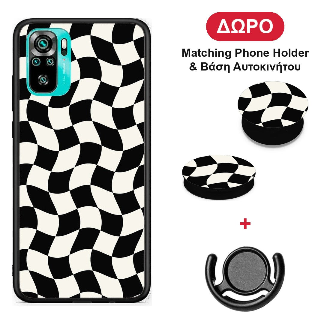 Black and Cream Wavy Checkerboard - Xiaomi Poco M5s θήκη + Δώρο Phone Holder & Βάση Αυτοκινήτου