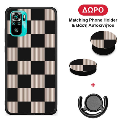 Black and Taupe Striped Checks - Xiaomi Poco M5s θήκη + Δώρο Phone Holder & Βάση Αυτοκινήτου