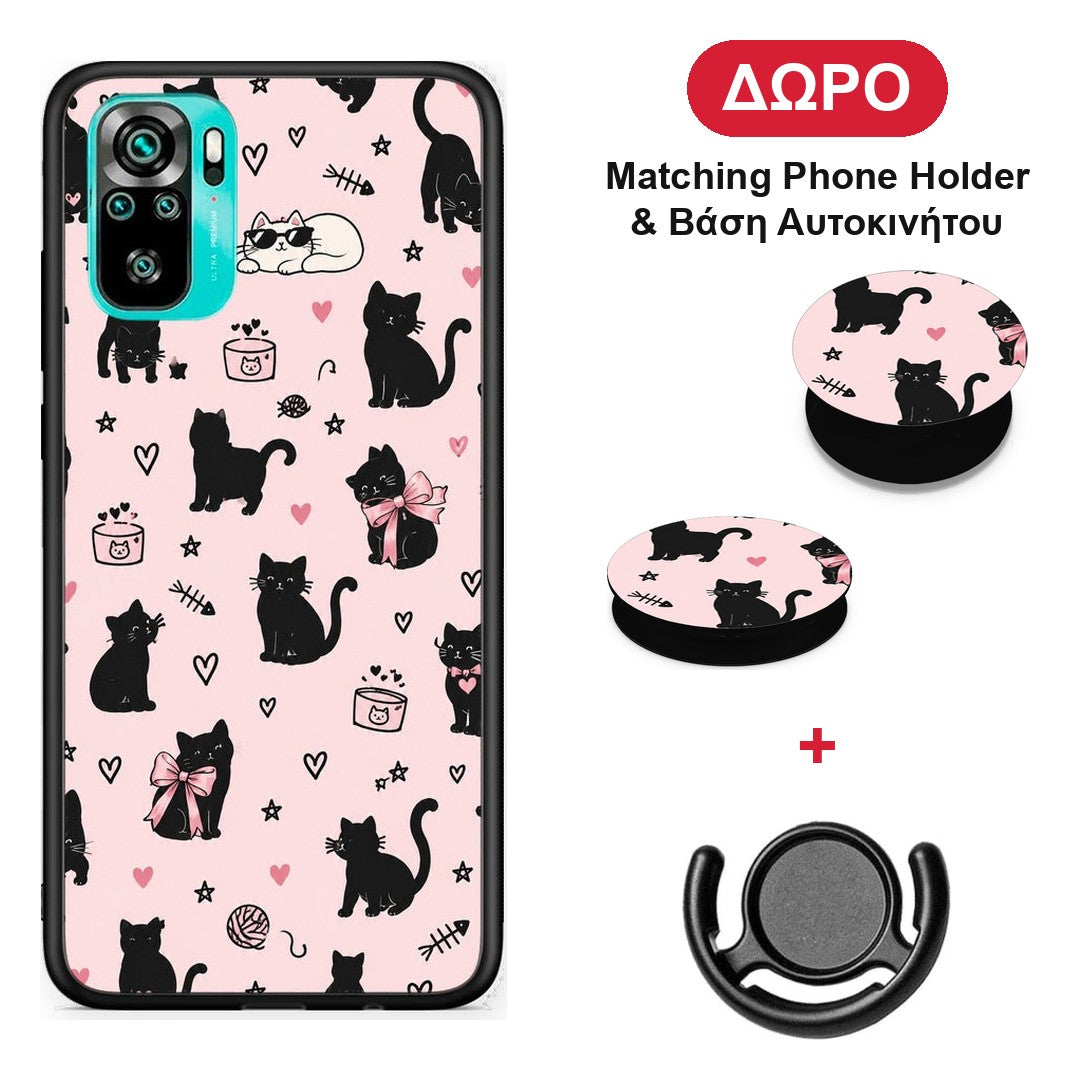 Black Cat Doodles on Pink - Xiaomi Poco M5s θήκη + Δώρο Phone Holder & Βάση Αυτοκινήτου