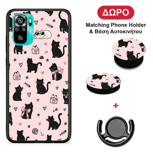 Black Cat Doodles on Pink - Xiaomi Poco M5s θήκη + Δώρο Phone Holder & Βάση Αυτοκινήτου
