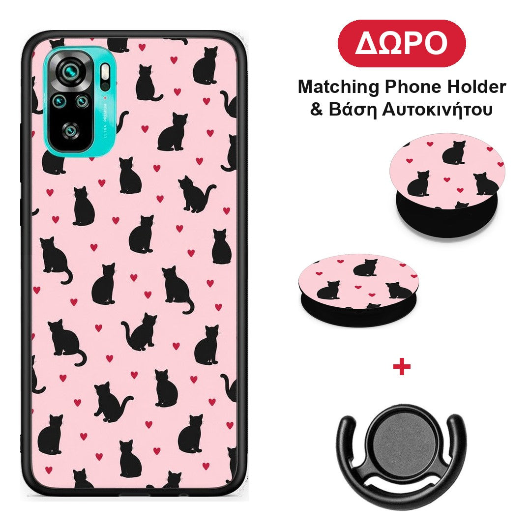 Black Cat Silhouettes and Hearts on Pink - Xiaomi Poco M5s θήκη + Δώρο Phone Holder & Βάση Αυτοκινήτου