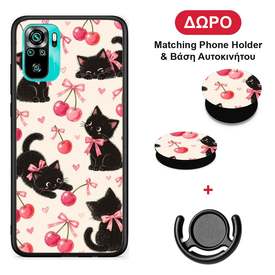 Black Kittens and Cherries on Cream - Xiaomi Poco M5s θήκη + Δώρο Phone Holder & Βάση Αυτοκινήτου