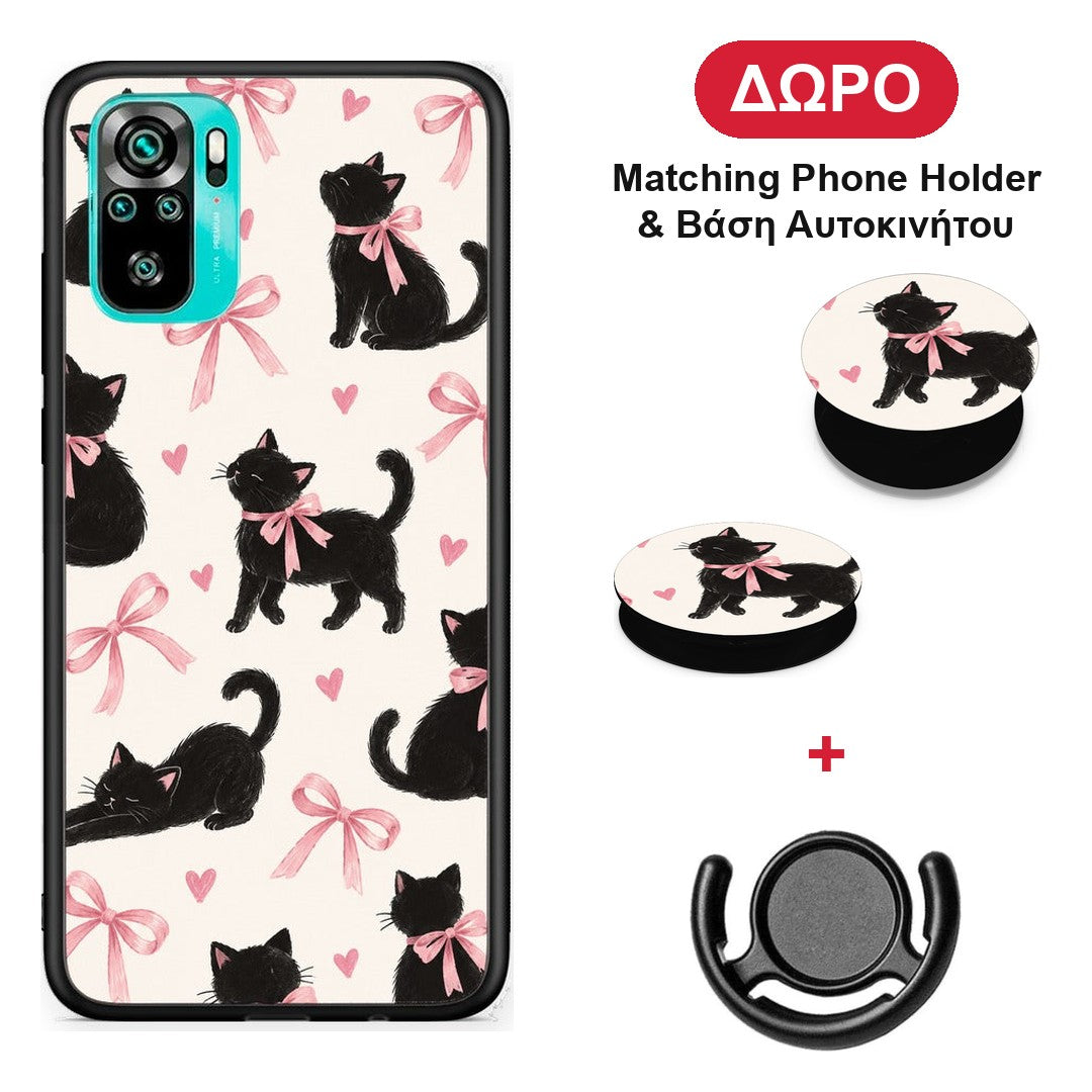Black Kittens and Pink Bows on Cream Large - Xiaomi Poco M5s θήκη + Δώρο Phone Holder & Βάση Αυτοκινήτου