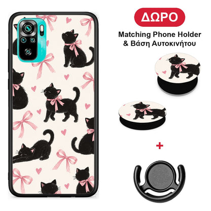 Black Kittens and Pink Bows on Cream Large - Xiaomi Poco M5s θήκη + Δώρο Phone Holder & Βάση Αυτοκινήτου