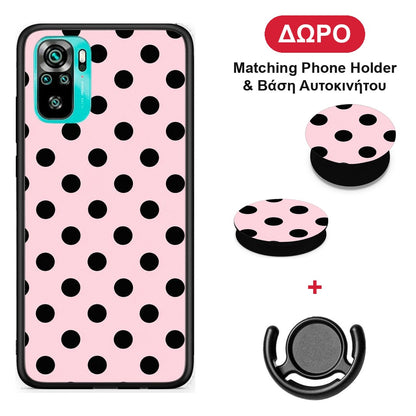 Black Polka Dots on Pink - Xiaomi Poco M5s θήκη + Δώρο Phone Holder & Βάση Αυτοκινήτου