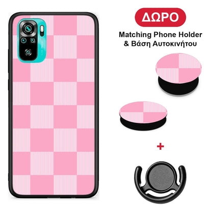 Pink and White Striped Checks - Xiaomi Poco M5s θήκη + Δώρο Phone Holder & Βάση Αυτοκινήτου