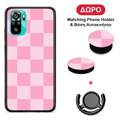 Pink and White Striped Checks - Xiaomi Poco M5s θήκη + Δώρο Phone Holder & Βάση Αυτοκινήτου
