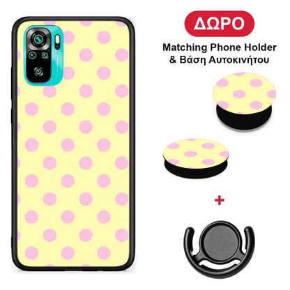 Pink Polka Dots on Yellow - Xiaomi Poco M5s θήκη + Δώρο Phone Holder & Βάση Αυτοκινήτου