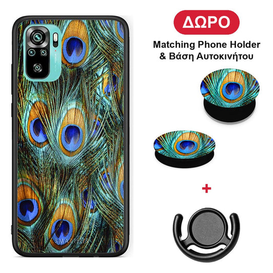 Real Peacock Feathers - Xiaomi Poco M5s θήκη + Δώρο Phone Holder & Βάση Αυτοκινήτου