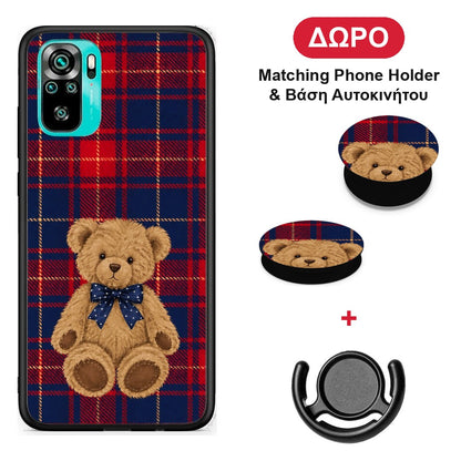 Teddy Bear on Red and Navy Tartan - Xiaomi Poco M5s θήκη + Δώρο Phone Holder & Βάση Αυτοκινήτου