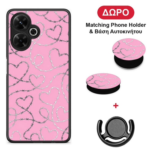 Barbed Wire Hearts on Pink - Xiaomi Poco M6 4G θήκη + Δώρο Phone Holder & Βάση Αυτοκινήτου